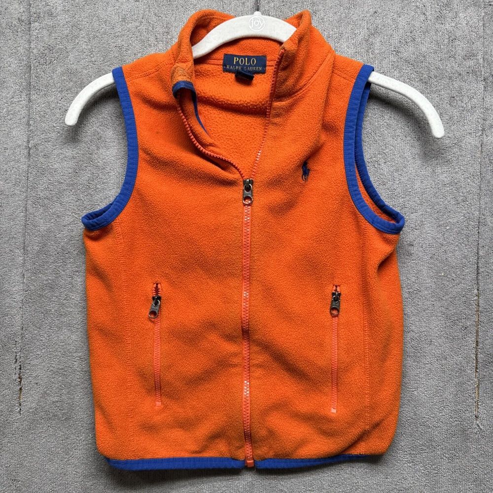 Polo Ralph Lauren Vest Youth Small 8 Orange Zip Fleece Logo Pockets‎